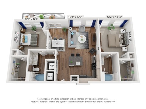 Floor plan for 2 beds, 2 baths, 1264 sqft